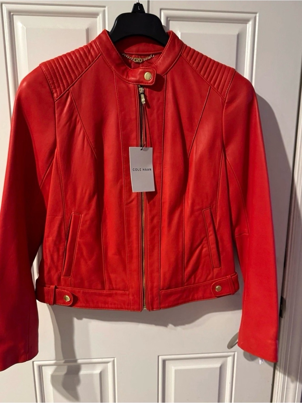 Cole Haan Red Leather Moto Jacket with Quilted Shoulders